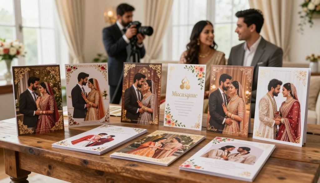 A beautifully arranged collection of customized wedding photography package brochures displayed on a rustic wooden table. In the foreground, there are elegant brochures showcasing stunning images of Indian weddings, adorned with intricate floral designs and gold accents, each reflecting diverse themes. The middle ground features a professional photographer in business attire discussing the packages with a smiling modern couple, emphasizing engagement and personal connection. The background has soft, diffused lighting coming from large windows, creating a warm and inviting atmosphere, with wedding decor elements such as soft drapes and floral arrangements enhancing the setting. The overall mood is romantic, informative, and personalized, ideal for modern couples planning their wedding. Use a wide-angle lens to capture the whole scene effectively. A beautifully arranged collection of customized wedding photography package brochures displayed on a rustic wooden table. In the foreground, there are elegant brochures showcasing stunning images of Indian weddings, adorned with intricate floral designs and gold accents, each reflecting diverse themes. The middle ground features a professional photographer in business attire discussing the packages with a smiling modern couple, emphasizing engagement and personal connection. The background has soft, diffused lighting coming from large windows, creating a warm and inviting atmosphere, with wedding decor elements such as soft drapes and floral arrangements enhancing the setting. The overall mood is romantic, informative, and personalized, ideal for modern couples planning their wedding. Use a wide-angle lens to capture the whole scene effectively.